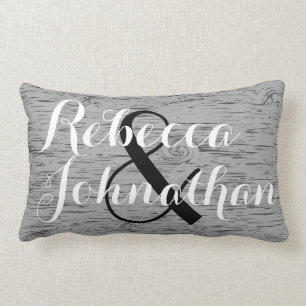 Rustic Grey Wood Grain Monogram Wedding Lumbar Cushion