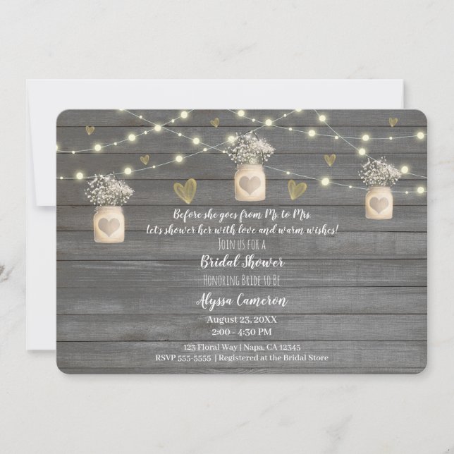 Rustic Grey Wood Lights & Mason Jar Bridal Shower Invitation (Front)