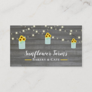 Rustic Grey Wood Lights & Mason Jar Sunflowers Business Card