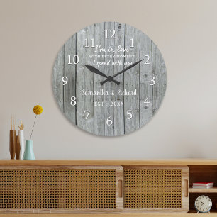 Rustic Grey Wood Love Quote Wedding Anniversary   Large Clock