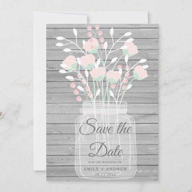 Rustic grey wood mason jar save the date invitation (Front)