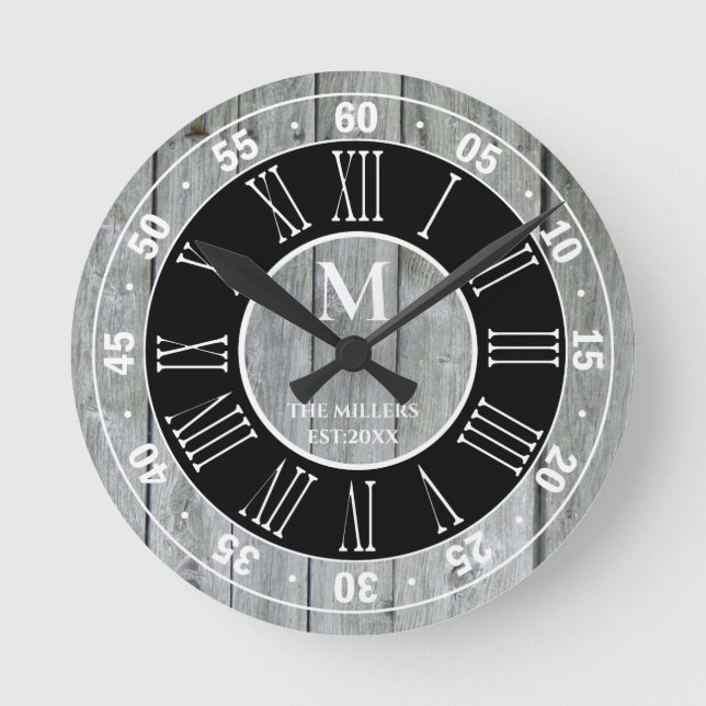 Rustic Grey Wood Monogram Roman Numeral Farmhouse Round Clock (Front)