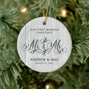 Rustic Grey Wood Personalised Mr & Mr Gay Wedding Ceramic Ornament