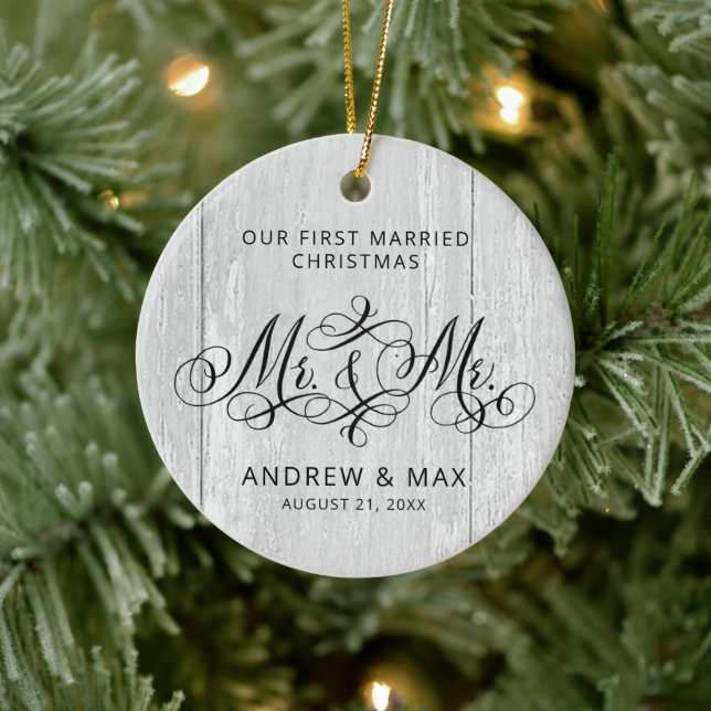 Rustic Grey Wood Personalised Mr & Mr Gay Wedding Ceramic Ornament (Tree)