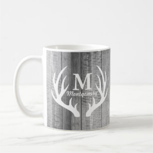 Rustic Grey Wood Planks & White Deer Antlers Coffee Mug