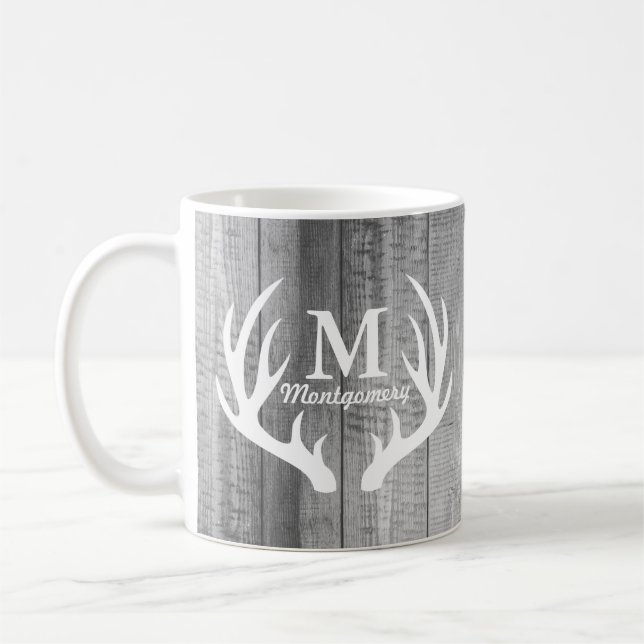 Rustic Grey Wood Planks & White Deer Antlers Coffee Mug (Left)