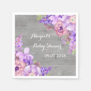 Rustic Grey Wood Purple Floral Baby Shower Napkins