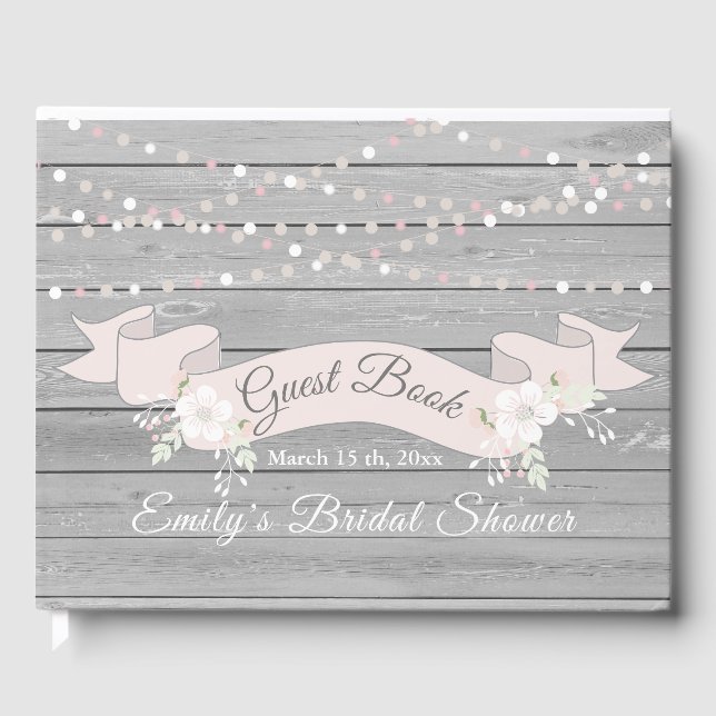Rustic grey wood string lights bridal shower guest book (Front)