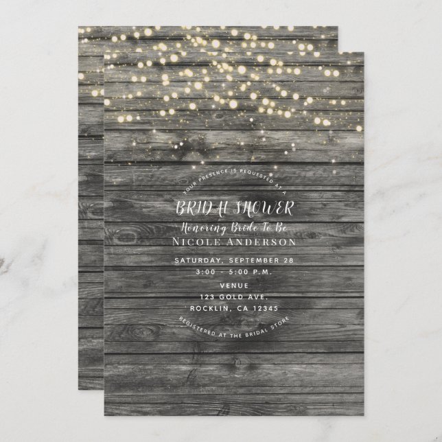 Rustic Grey Wood String Lights Bridal Shower Invitation (Front/Back)