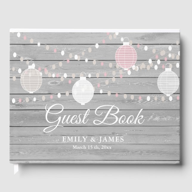 Rustic grey wood string lights wedding guest book (Front)