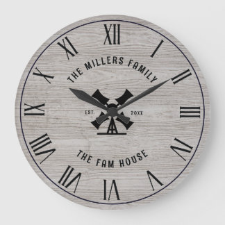 Rustic Grey Wood Texture Fam House Roman Numerals Large Clock