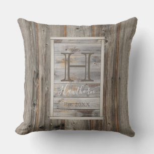Rustic Grey Wood Tone Monogram Rectangle Cushion