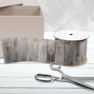 Rustic Grey Wood Tone Planks Satin Ribbon