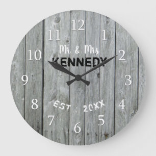 Rustic Grey Wood  Wedding Anniversary Large Clock