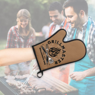 Rustic GRILLMASTER Custom Brown and White Oven Mitt & Pot Holder Set