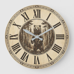 Rustic Grizzly Bear Wall Clock Wood Style