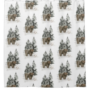 Rustic Grizzly Bear Woodland Forest Snow Shower Curtain