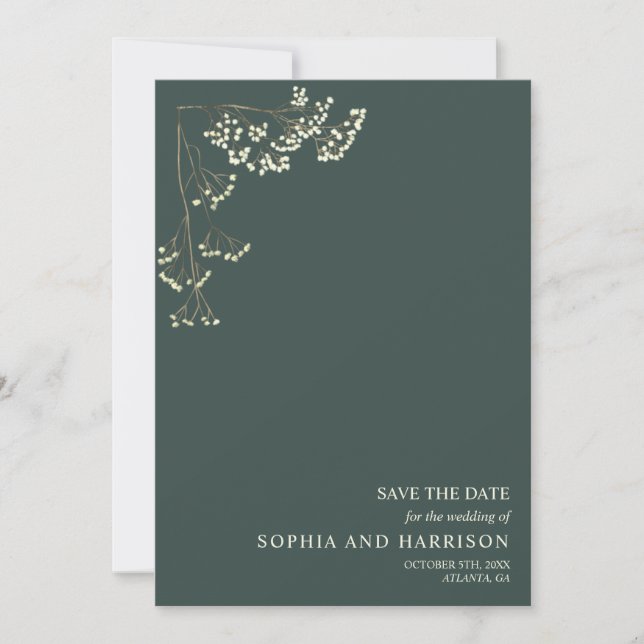 Rustic Gypsophila Emerald Wedding Save The Date (Front)