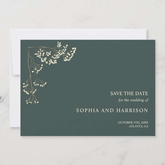 Rustic Gypsophila Green Wedding Save The Date (Front)