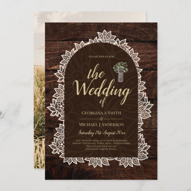 Rustic Gypsophila Lace PHOTO WEDDING INVITATION (Front/Back)