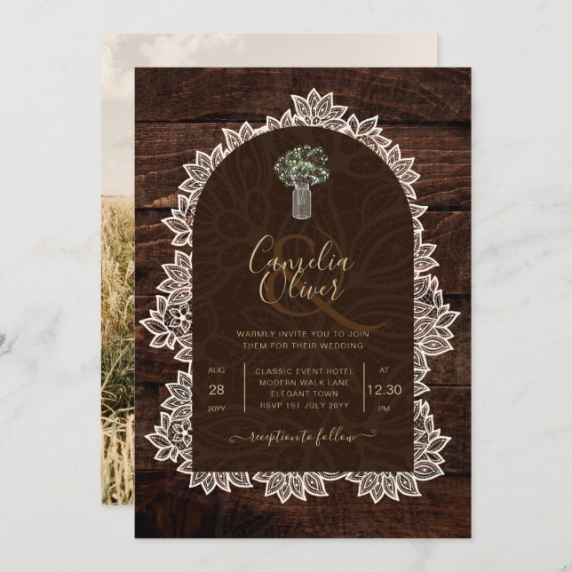 Rustic Gypsophila Lace PHOTO WEDDING INVITATION (Front/Back)