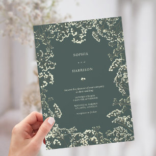 Rustic Gypsophila Peacock Green Fall Wedding Invitation