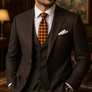 Rustic Halloween Orange and Brown Tartan Plaid Tie