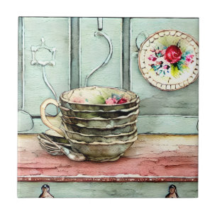 Rustic hand craft cool illustration of dish Retro Ceramic Tile