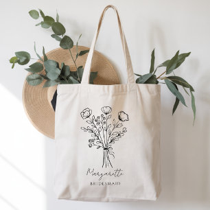 Rustic hand drawn bouquet flowers Bridesmaid Name Tote Bag
