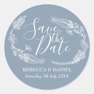 Rustic Hand-drawn Floral Garland Save the Date Classic Round Sticker