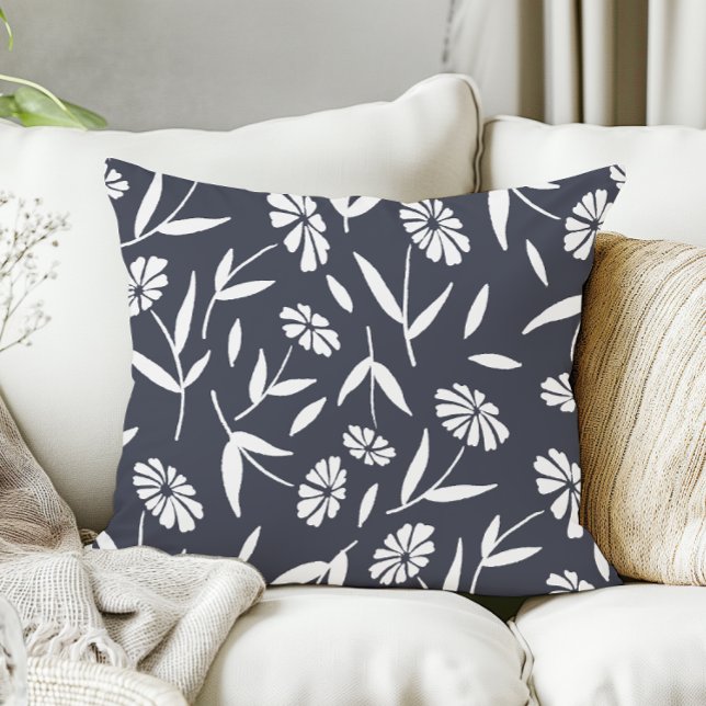 Rustic Hand Drawn Flowers Navy Blue Cushion (navy blue pillow with cottagecore hand drawn floral pattern)