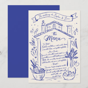 Rustic Hand Drawn Italian Wedding Menu Blue Cream
