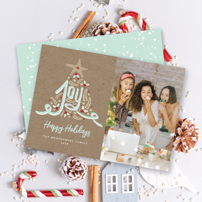 Rustic Hand Drawn Joy Calligraphy Foliage Photo Holiday Card (Creator Uploaded)