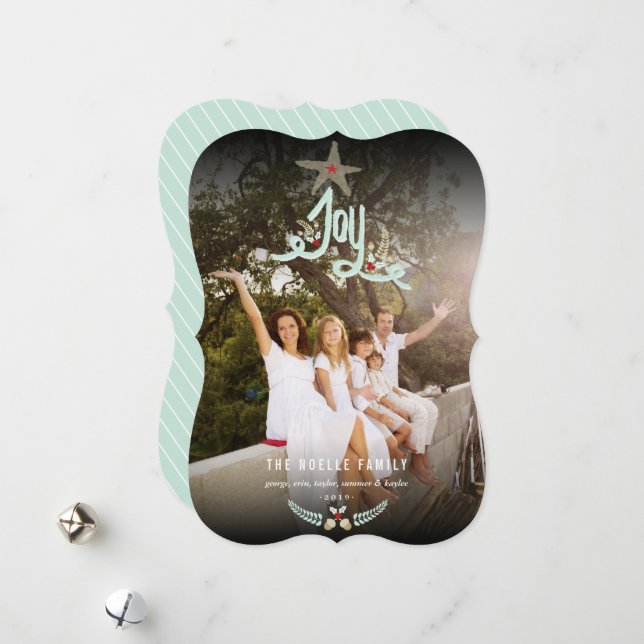 Rustic Hand Drawn Joy Calligraphy Foliage Photo Holiday Card (Front/Back In Situ)