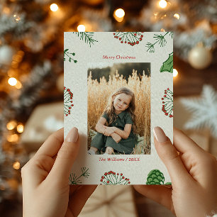 Rustic Hand-Drawn Mistletoe Pine Christmas Photo Holiday Card
