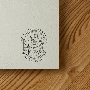 Rustic Hand Drawn Mountains Hikers Ex Libris Rubber Stamp