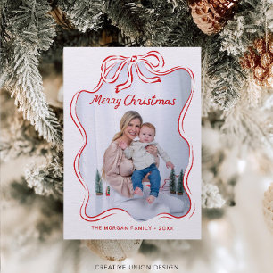Rustic Hand Drawn Red Bow Photo Christmas Card