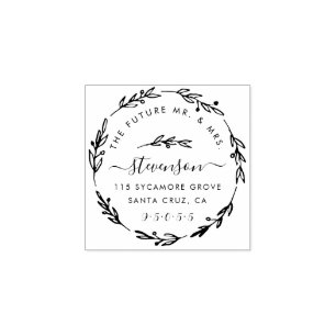 Rustic Hand Drawn Wedding Wreath Return Address Rubber Stamp