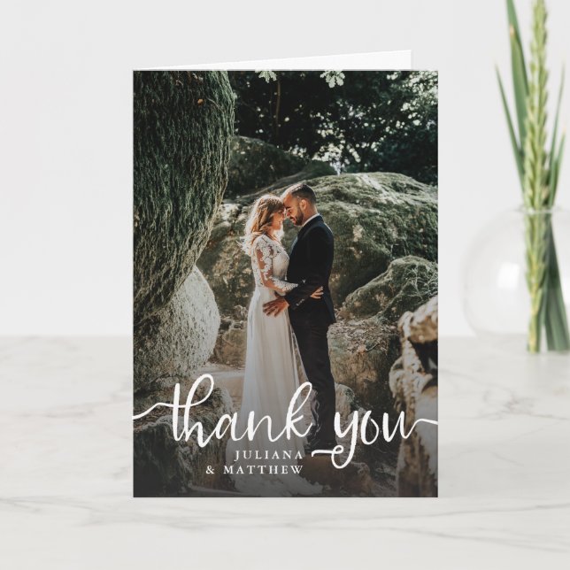 Rustic Hand Lettered Script Wedding Photo Thank You Card (Front)