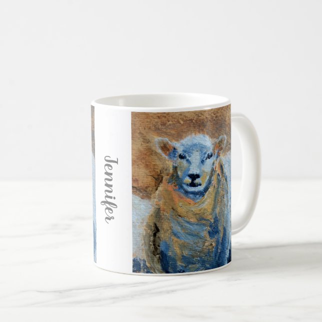 Rustic hand painted sheep farmhouse monogram name coffee mug (Front Right)