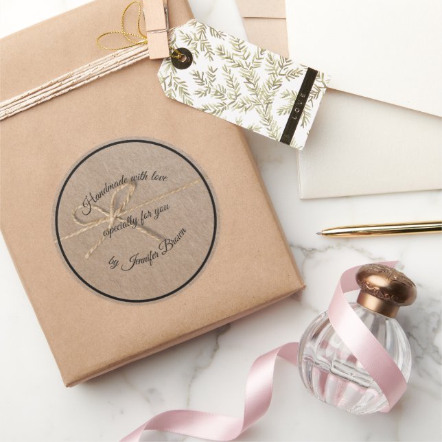 Rustic Handmade with Love brown paper & string bow Classic Round Sticker (Gifting)