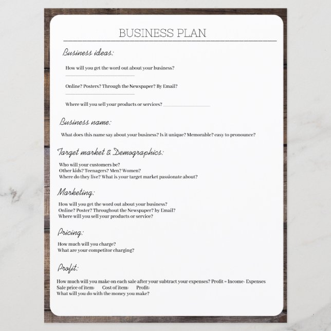 Rustic Handwriting Business Plan Sheet Page  (Front)