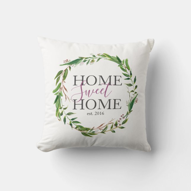 Rustic Handwritten Home Sweet Home Wreath Cushion (Front)