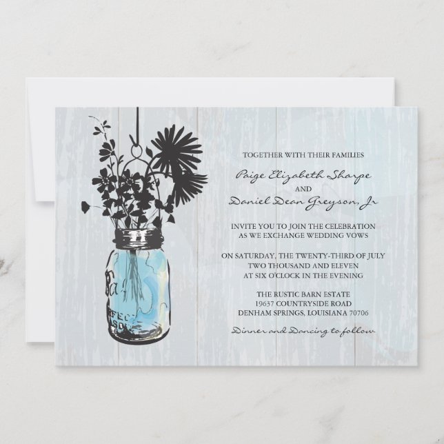 Rustic Hanging Blue Mason Jar Wedding Invitation (Front)