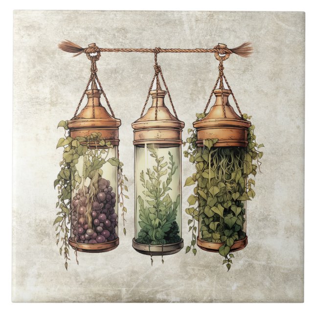 Rustic Hanging Herbs Grapes Watercolors Ceramic Tile (Front)