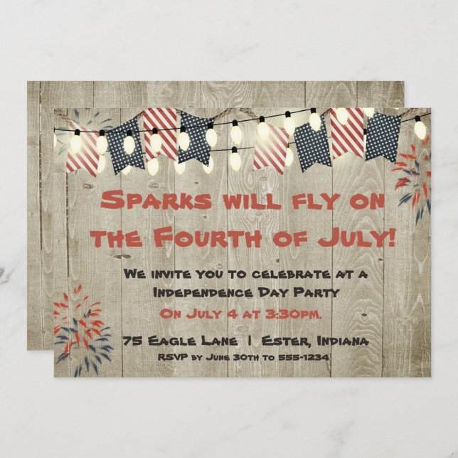 Rustic Hanging Lights Fourth of July Invitation (Front/Back)