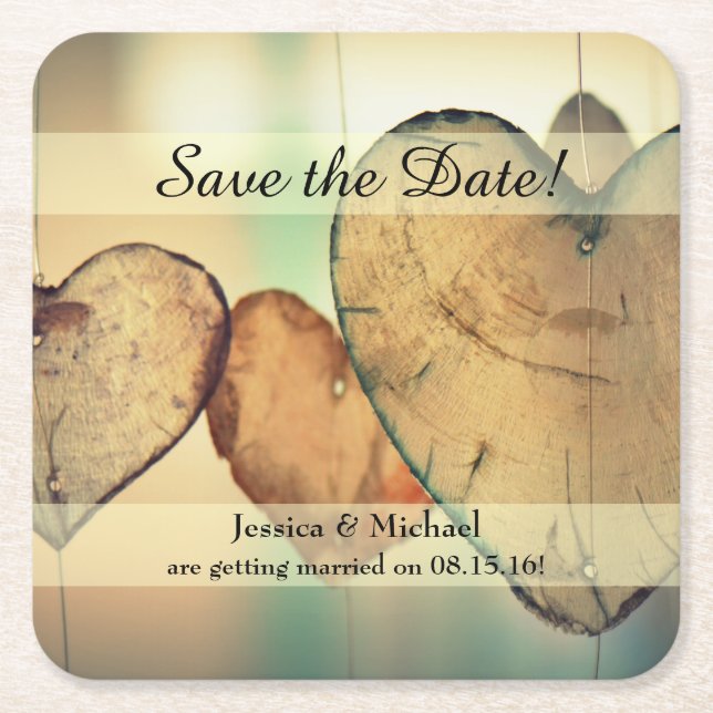 Rustic Hanging Wood Hearts Save the Date Square Paper Coaster (Front)