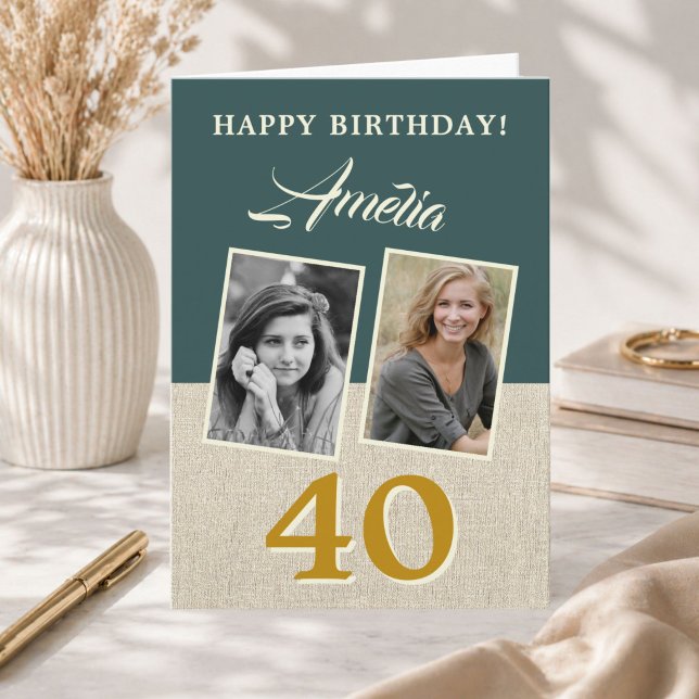 Rustic Happy 40th Birthday 2 Photos Card (Creator Uploaded)