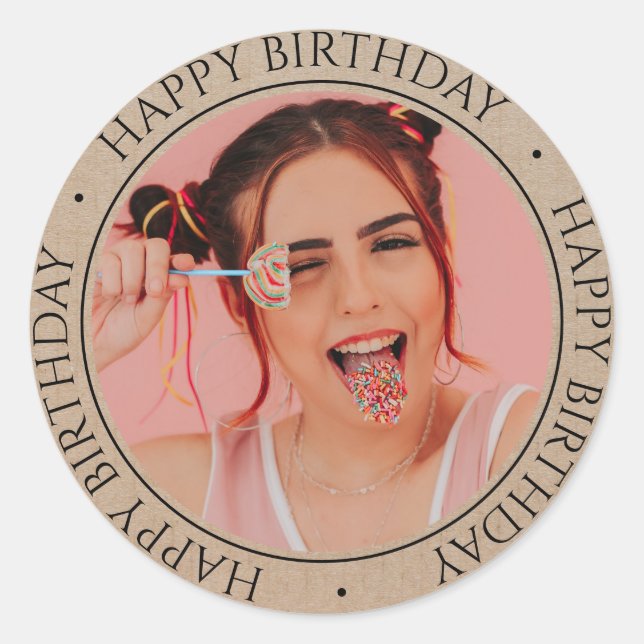 Rustic Happy Birthday Modern Simple Custom Photo  Classic Round Sticker (Front)