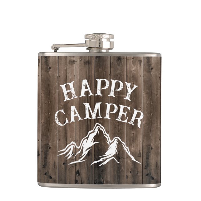Rustic Happy Camper Adventure Camping Barn Wood Hip Flask (Front)
